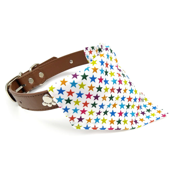 White with rainbow stars dog bandana on collar from side