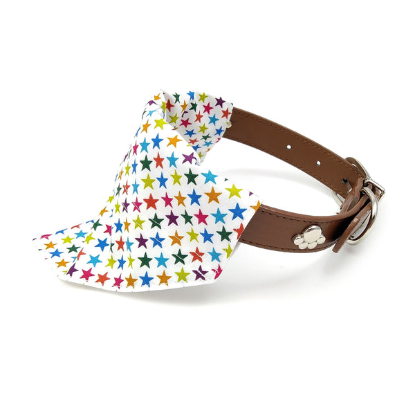 White dog neckerchief with multicoloured stars on collar from side