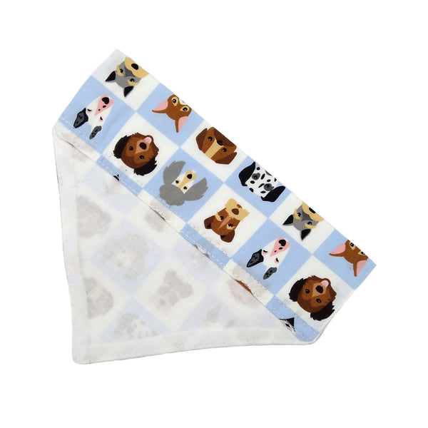 Blue dog breeds bandana with white lining on back from above