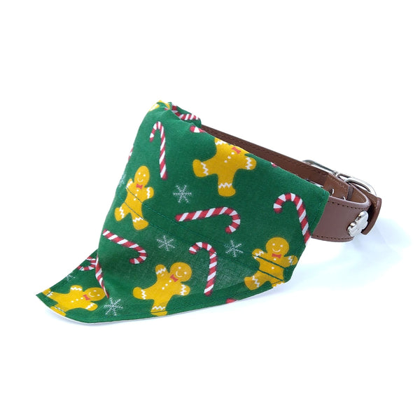 Green gingerbread man puppy bandana on dog collar