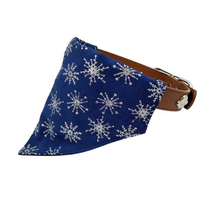 navy and silver snowflake dog bandana on collar